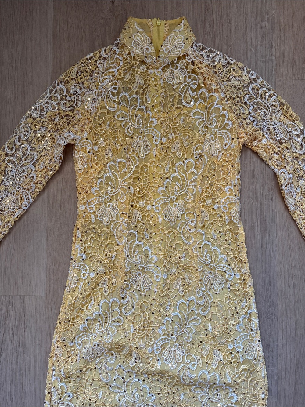 VIETNAMESE | Ao Dai Yellow White Gold Sequins Traditional Dress Long Sleeve